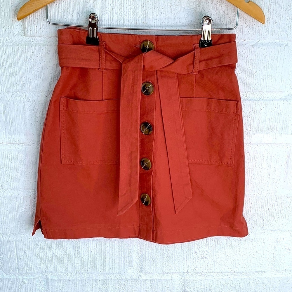 Miss Selfridge Coral Big Button Down Belt Tie Mini Skirt sz 4